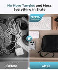 Before and after organization using Grab-And-Go Travel Cable Organizer With 8 Compartments, Water-Resistant Tech Pouch With Wrist Strap