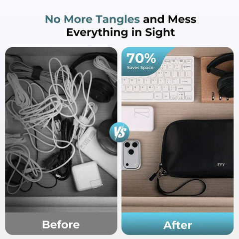 Before and after organization using Grab-And-Go Travel Cable Organizer With 8 Compartments, Water-Resistant Tech Pouch With Wrist Strap