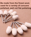 Close-up of 25 Pcs Wool Mounted Mandrel Set With One Eighth Inch Shank Polishing Bits for Rotary Tool on brown surface.