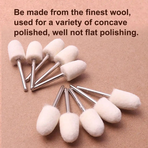 Close-up of 25 Pcs Wool Mounted Mandrel Set With One Eighth Inch Shank Polishing Bits for Rotary Tool on brown surface.