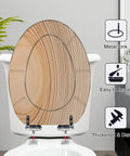 Elongated Resin Toilet Seat for Bathroom with wood grain design, adjustable metal hinges, easy to install, durable material.