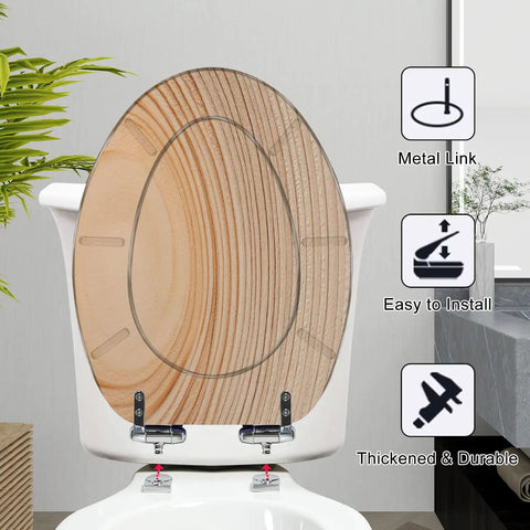 Elongated Resin Toilet Seat for Bathroom with wood grain design, adjustable metal hinges, easy to install, durable material.