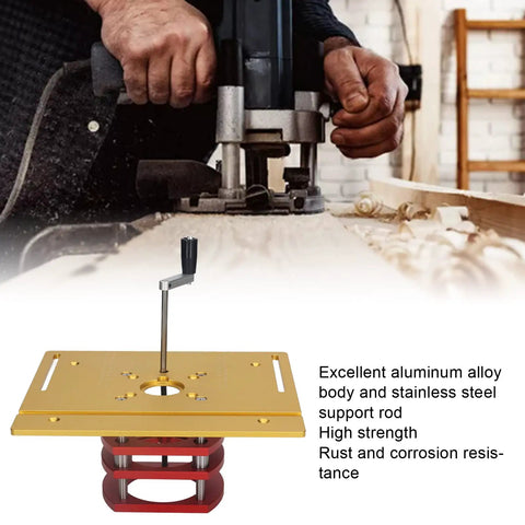 Beefed Up Router Lift Manual Kit For Router Table With Aluminum Base Plate And Crank Height Adjustment 9.45 By 7.87 Inch Table 51mm Stroke Gold Finish For Precise Woodworking And Small Trim Jobs, gold plate