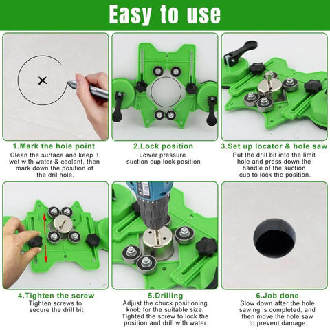 QWLWBU diamond hole saw kit with 16 bits and double suction cups on green guide jig for tile drilling (0.24–1.97 in).