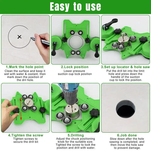 Adjustable Diamond Hole Saw Set With Double Suction Cup Guide Jig And Precision Core Drill Bits For Ceramic Glass Tile showing easy setup steps.