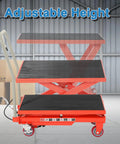 Front view of red heavy-duty hydraulic lift table cart with three black non-slip platforms and handle on caster wheels.