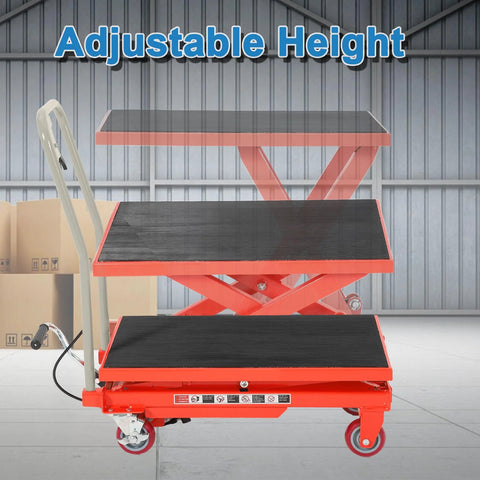 Front view of red heavy-duty hydraulic lift table cart with three black non-slip platforms and handle on caster wheels.