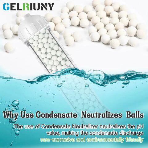 Condensate Neutralizer Refill Media Twin Pack 6.6 Lbs Two Bags With 7 to 8 mm Beads, Turns PH 8 to 10 and Reduces COD Through Adsorption, Great For Daily Use., white beads in a clear filter tube over water