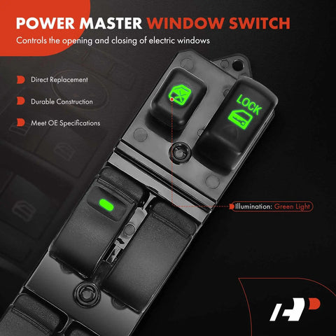 Front Driver Side Electric Master Power Window Switch Fits Mitsubishi Galant 2007 To 2012 Endeavor 2007 To 2011 Lancer 2004 To 2007 Montero 2005 To 2006 Replacement MR587943, showing button details and green lights.