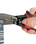 Using the Five Blade Sheet Metal Crimper Hand Crimper for 24 to 28 Gauge Ductwork Downspout and Stove Pipe HVAC Tool with non-slip grip.
