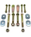Beefy Front Control Arm Bolt Kit For 1997-2006 Jeep Wrangler TJ And LJ Upper And Lower Frame Side Hardware With 6 10.9 Grade Flange Bolts And Prevailing Torque Nuts Flag Nut Style Cam Bolt Delete Zinc Plated bolts and cam bolt delete plates on white background