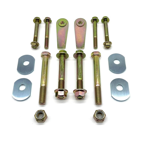 Beefy Front Control Arm Bolt Kit For 1997-2006 Jeep Wrangler TJ And LJ Upper And Lower Frame Side Hardware With 6 10.9 Grade Flange Bolts And Prevailing Torque Nuts Flag Nut Style Cam Bolt Delete Zinc Plated bolts and cam bolt delete plates on white background