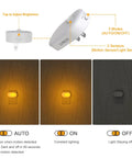 Amber 1800K Plug In Motion Sensor Night Light With Stepless Dimmable LED Always On Or Auto Off 120 Lumen, lighting modes diagram