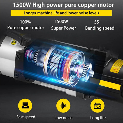 Close-up of the 1500W pure copper motor inside the MXJCKSOQ Electric Hydraulic Rebar Bender showing fast speed and low noise performance.