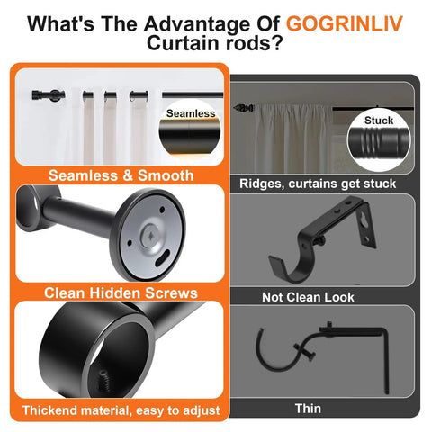 Comparison of seamless black curtain rod and bracket features with advantages of Heavy Duty Extra Long Curtain Rods for Those Huge Windows and Sliding Doors Adjustable From 12 to 20 Feet 1 Inch Thick Metal Brackets Black Drapery Rod for Living Room Patio and Outdoor Spaces.