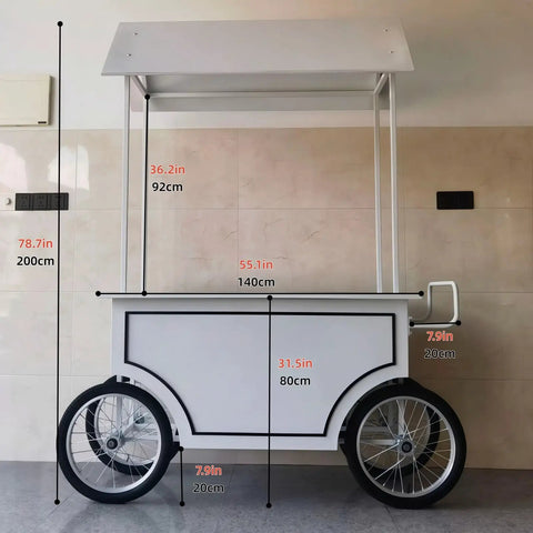 Slick Portable Vendor Cart With Heavy Duty Rubber Wheels And Locking Storage Cabinet For Farmers Markets Pop Up Booths And Flower Display Racks standing next to a wall, showing dimensions and solid design.