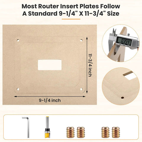No Sweat Router Table Insert Plate Template Kit With Solid Density Board Quickset Threaded Inserts And Razor Sharp Flush Trim Blade for standard 9-1/4" x 11-3/4" size.