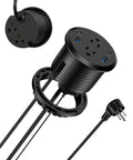 Sleek Flush Mount Power Grommet Featuring Four Standard Outlets And Four USB C Fast Charging Ports, black dual-sided design with six-foot cord.