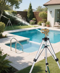 Heavy Duty Tripod Sprinkler Head Kit With 360 Degree Coverage For Lawn And Garden Yard Friendly Zinc Alloy Irrigation Head Three Quarters Inch NH Connector Extendable Legs Rust Resistant 2 Pack installed by pool