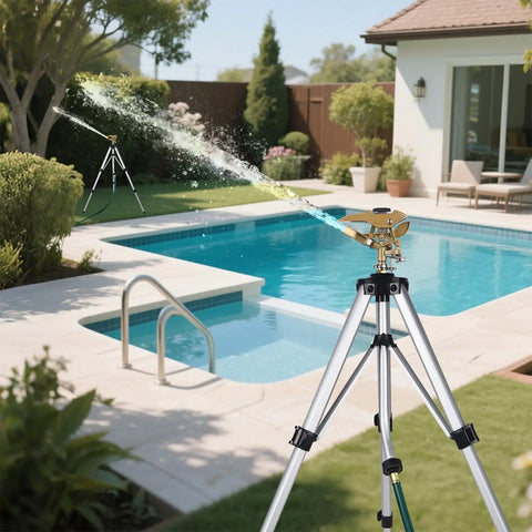 Heavy Duty Tripod Sprinkler Head Kit With 360 Degree Coverage For Lawn And Garden Yard Friendly Zinc Alloy Irrigation Head Three Quarters Inch NH Connector Extendable Legs Rust Resistant 2 Pack installed by pool
