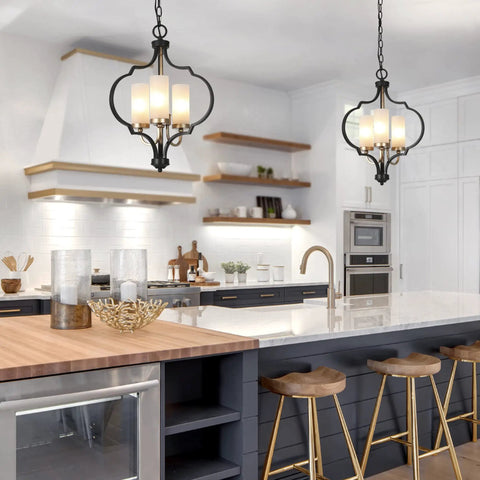 Modern Orb Chandelier With 3 Lights In Black And Gold, Frosted Glass Shades, Dope Pendant Light For Kitchen Island