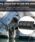 Installed black transom saver for outboard motor with single-ram wedge; boat motor support.