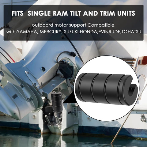 Installed black transom saver for outboard motor with single-ram wedge; boat motor support.