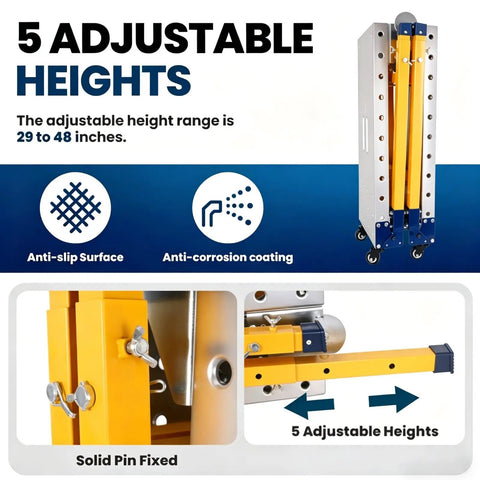 Built Tough Shop Workhorse Foldable Welding Table 64 X 14 Inches showing 5 adjustable heights from 29 to 48 inches for versatile use.
