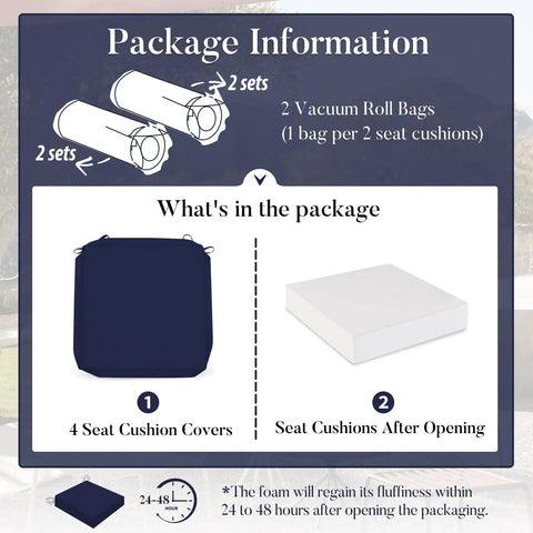 Package contents of Ultra Comfort Outdoor Chair Cushions 19x19 Set Of 4 Navy Blue Waterproof Seats With Ties And Handle