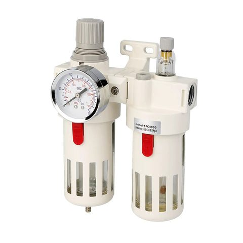 Half Inch NPT Compressed Air Filter Regulator Combo With 5 Micron Brass Filter, Semi Auto Drain, Polycarbonate Bowl, 0 To 138 PSI Gauge