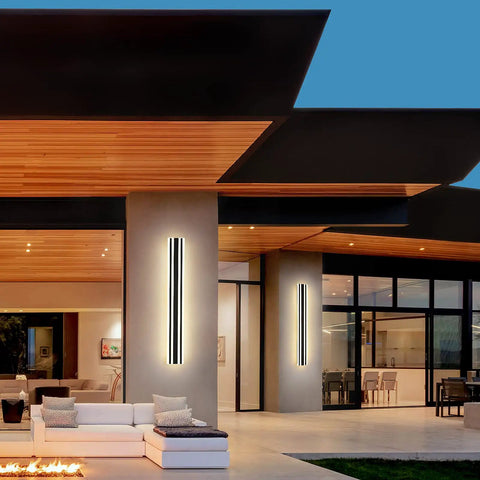 Stylish house facade illuminated by Outdoor Wall Light 20W LED Sconce, Extra Long 35.4 Inch Exterior Fixture For Front Porch And Patio