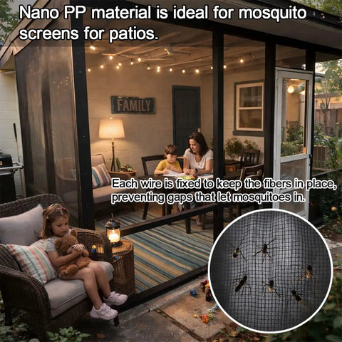 Family sitting in screened patio protected by Extra Thick Garden Mesh Netting 6.6 X 33 Ft Mosquito And Bird Barrier for Veggies Fruits Flowers and Patios with Nano Composite Weave and 30 Percent Shade in Black