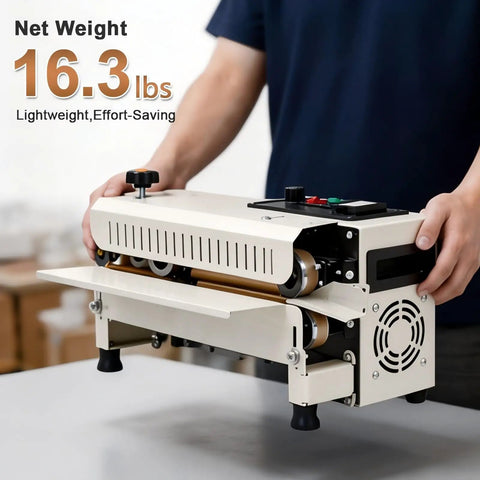 Top Shelf Portable Bag Sealer Machine For Food And Tea Packing With No Sweat Temperature Controls And Slick Desktop Setup For Quick Kitchen Refreshes, lightweight design, 16.3 lbs, user holding machine.