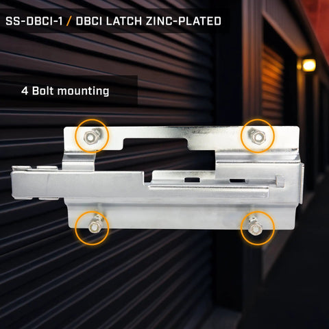 Heavy Duty Overhead Roll Up Door Latch Zinc Plated For All Weather Use Seven And A Half Inch By Three And A Half Inch With Four Bolt Mounting Hardware Included Fits DBCI Provene New US Door Betco Janus Doors showing zinc finish and 4 bolt points