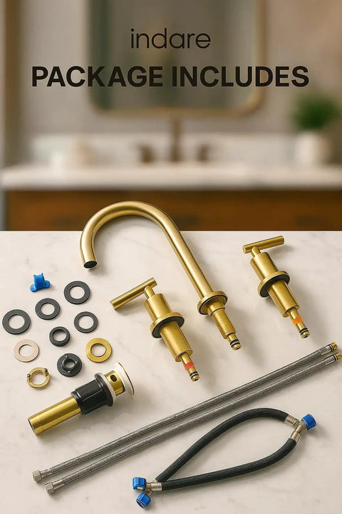 Product package includes parts for Brushed Gold Bathroom Faucet With Two Handles, 360 Degree Swivel Spout, and water supply lines.