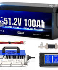 Beefed Up 48V 120Ah LiFePO4 Golf Cart Battery Upgrade Kit With LCD Monitor, 18A Charger, 200A BMS components displayed