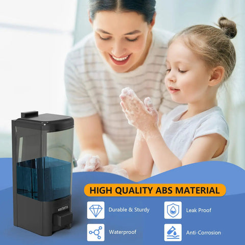 Heavy Duty Wall Mount Soap Dispenser 17 Oz Large Capacity Manual Pump For Kitchen And Bathroom No Fuss Refills Premium Abs Material Lotion Bottle Game Changer Slick Black with soap dispensing in use by mother and child.