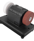 Premium Cordless Mini Bench Grinder Featuring 3 Inch Grinding Wheel Variable Speed Control 2000 To 6000 RPM No String Required compact design with a red and white grinding wheel.