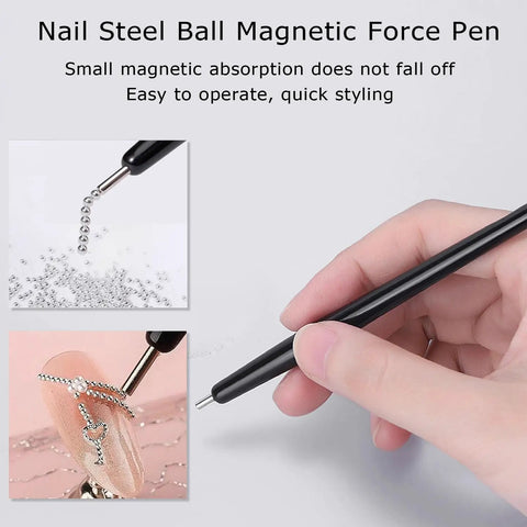 DIY Mani Pros Will Love Mixed Sizes Nail Beads Kit With Magnetic Pen And Tweezers For Nail Art in use, silver beads application