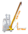 Heavy Duty Forklift Jib Boom Crane With Dual Hooks And Smooth 0 To 75 Degree Tilt Hella Tough 6600 Pound Capacity Attachment displayed on forklift.