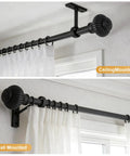 Ceiling and wall mounted views of Beefy Black Curtain Rod System Fits 32 To 240 Inches Wide, 1 Inch Diameter, Space Saving Telescoping Rod