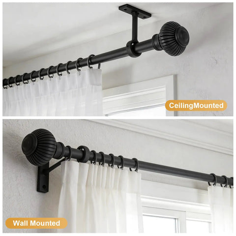 Ceiling and wall mounted views of Beefy Black Curtain Rod System Fits 32 To 240 Inches Wide, 1 Inch Diameter, Space Saving Telescoping Rod