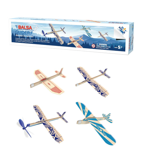 Balsa Wood Airplane Kit 4 Pack With Rubber Band Powered Gliders For Kids, Easy Slot Tab Assembly No Glue, Long Distance Flights Up To 50 Feet