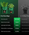 Comparison of Five Pack 7 Gallon Fabric Potato Grow Bags With Handles And Roll Up Windows and traditional pots with plant health benefits