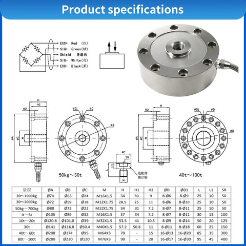 Spoke Type Load Cell Sensor For Scales, Tension And Compression Force Weight Sensor With 0.2 Percent Accuracy, Diameter 72mm And 28.5mm Height, 0 To 500kg Range, Built Tough, Wide 50 To 2000kg Variants shown in technical drawing