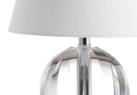 Close-up of Clear Crystal Ball LED Table Lamp 16 Inches, Glam Orb Nightstand Light With White Linen Empire Shade