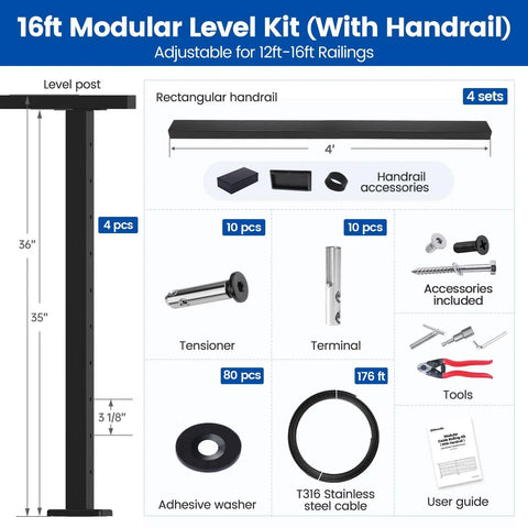 16ft Modular Level Kit with Handrail includes posts, tensioners, stainless steel cables, and accessories for adjustable railings.