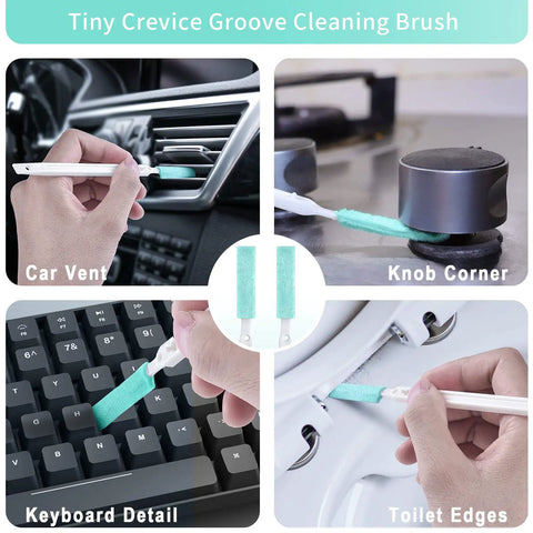 Eight In One Cleaning Brush Set For Tight Spaces With Crevice Bottle Groove Gap Edge Detailing Track Corner And Hole Brushes used on car vent, knob corner, keyboard, and toilet edges