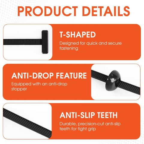 Heavy Duty Nylon Cable Tie Buckles Set For Cars, T-shaped, anti-drop feature, anti-slip teeth, universal fit design