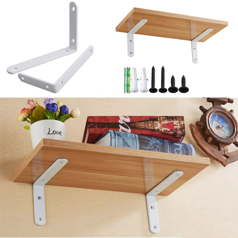 Heavy Duty White L Bracket Wall Mount Shelf Supports 2 Pack Cold Rolled Steel Angle Brackets for shelves and wood boards.